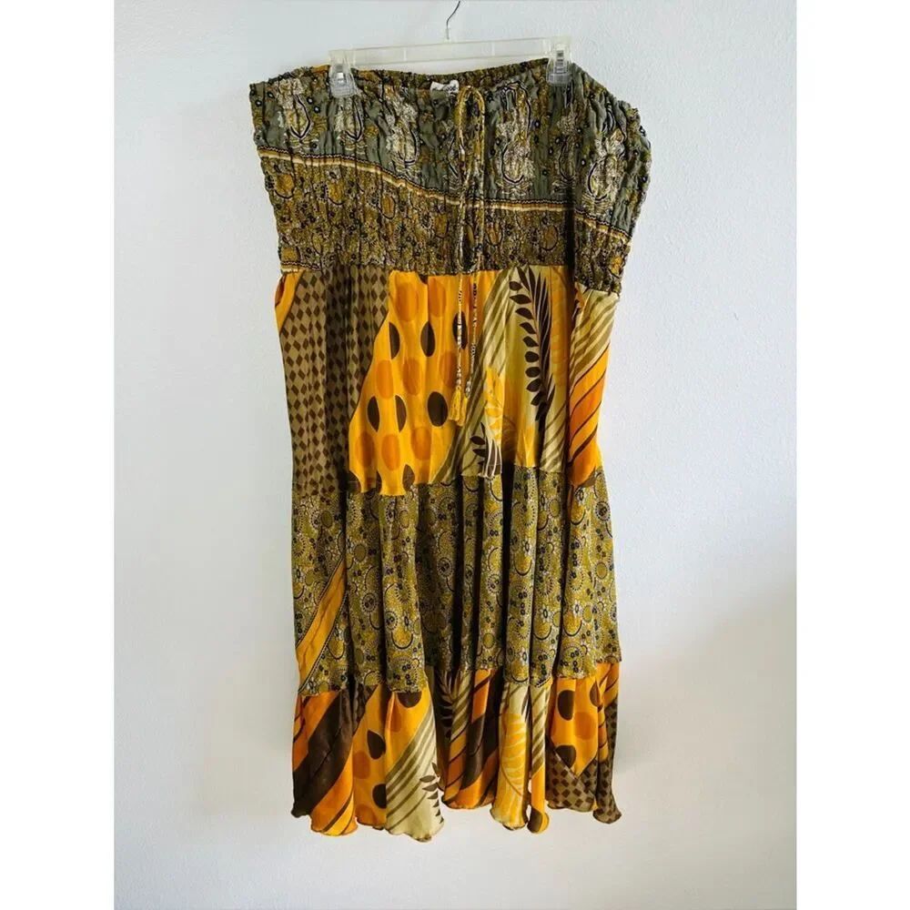 Darn Good Yarn Yellow Brown Multi Pattern Boho Silk Blend Dress Skirt Size 14-32